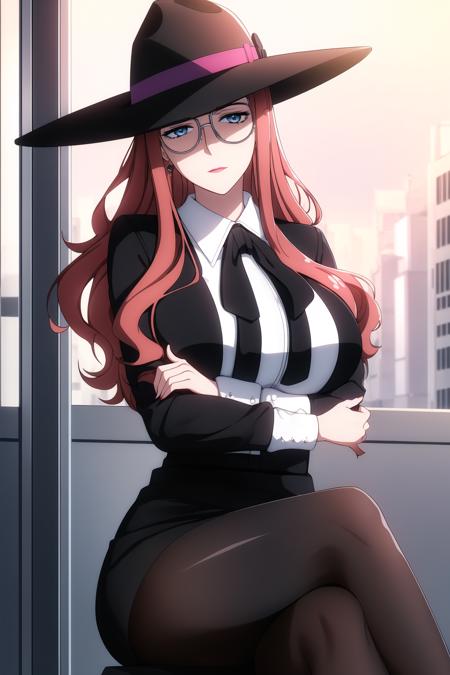 (day), a city with a lot of buildings and a clock tower in the middle of it's center,
sitting on a chair,crossed arms, crossed legs, 
black Jacket,black headwear,witch hat,pantyhose,long sleeves,White_collared shirt, black ribbon,Black_Pencil_skirt,
<lora:more_details:0.1>,<lora:Sylvia_Sherwood_SPY-KK77-V1:0.7>,glasses,
long hair,red hair,blue eyes,lipstick,
1 girl, 20yo,Young female,Beautiful Finger,Beautiful long legs,Beautiful body,Beautiful Nose,Beautiful character design, perfect eyes, perfect face,expressive eyes,
looking at viewer, in the center of the image,(Upper_body),(Focus on her face),
official art,extremely detailed CG unity 8k wallpaper, perfect lighting,Colorful, Bright_Front_face_Lighting,shiny skin, 
(masterpiece:1.0),(best_quality:1.0), ultra high res,4K,ultra-detailed,
photography, 8K, HDR, highres, absurdres:1.2, Kodak portra 400, film grain, blurry background, bokeh:1.2, lens flare, (vibrant_color:1.2)
(Beautiful,large_Breasts:1.4), (beautiful_face:1.5),(narrow_waist),