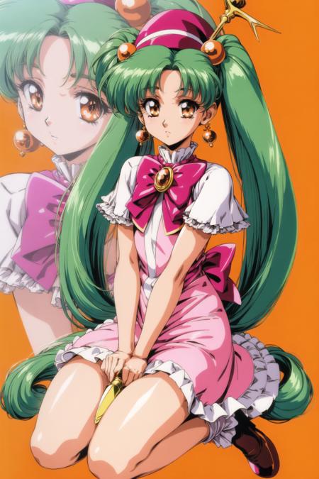 urushihara satoshi, 1girl, solo, long hair, looking at viewer, bangs, skirt, hair ornament, hat, dress, twintails, brown eyes, jewelry, sitting, very long hair, full body, earrings, frills, green hair, shoes, white dress, orange eyes, parted bangs, bare legs, kneeling, low twintails, wariza, magical girl, hair bobbles, staff, brooch, seiza, v arms, orange background, wand, zoom layer, pink headwear, 1990s \(style\), jester cap, light green hair