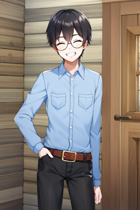 ccanatoly, glasses, black pants, brown belt, hand in pocket, breast pocket, cowboy shot, looking at viewer, smile, closed eyes, open mouth, teeth, hand on hip, grin