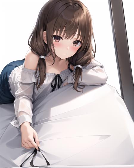 best quality,highly detailed,masterpiece,ultra-detailed,solo,1girl,(white background:1.5),(Delicate eyes),twintails,low_twintails, brown_eyes, brown_hair,eyebrows_visible_through_hair,off-shoulder shirt,bangs, long_sleeves, ribbon, blush,expressionless, lying