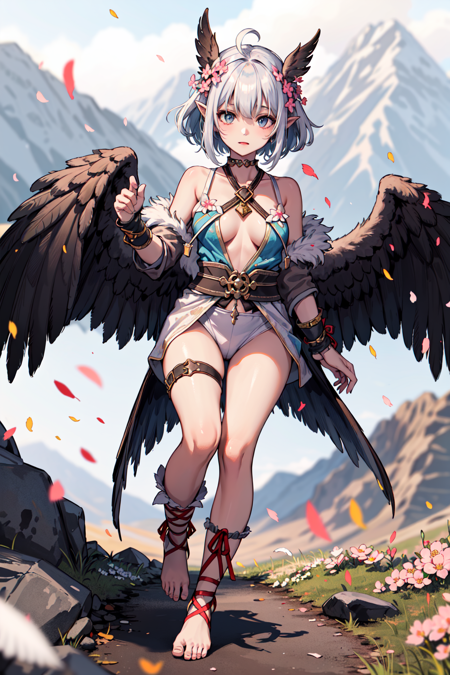 1girl, slim, (harpy wings:1.4), (ragged clothes:1.2), tribal clothing, (clouds), (two-tone hair), (bobcut), solo focus, (depth of field, ambient lighting, blurry foreground, blurry background:1.3), (mountain peak:1.3), sakura flowers, grass, stones, (full body:1.2), pointed ears, pose, (confetti:1.2), (feathers:1.3), colored wings,