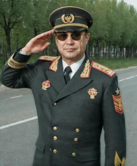 full body photo of dmitry yazov standing, wearing military uniform and cap and (sunglasses:1.3), saluting, ((outdoors, road, city)),   <lora:dmitry_yazov_v3:1>