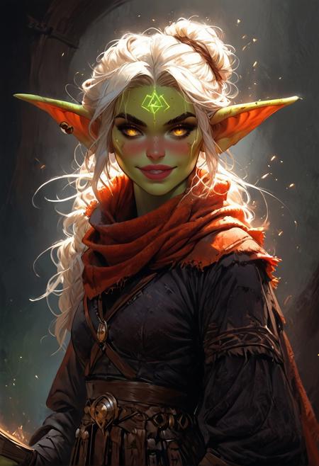 score_9, score_8_up, score_7_up, score_6_up, score_5_up, score_4_up, unity 8k wallpaper, amazing quality, masterpiece, best quality, hyper detailed, ultra detailed, UHD, perfect anatomy, well drawn face, rating_explicit, solo focus, 
detailed upper-body portrait, female goblin, Grave Domain Cleric, vibrant green skin, smooth texture, large pointed ears, golden eye color, long dark eyelashes, white hair, hair is styled in a neat low bun with a few loose strands framing her face, well-defined, slightly arched white eyebrows, small upturned nose, full lips, lips curved into a confident smile, subtle decorative tribal or mystical markings on her face.
She wears a scale mail armor, her expression is confident and kind, with a hint of playfulness. Background is dark ominous forest, stance is dynamic, stance is relaxed, there is a camp with tent and campfire,
<lora:Fant5yP0ny:0.8>,  <lora:Pony_Fantasy_Wizard__Witches_-_By_HailoKnight:0.8> hkmagic