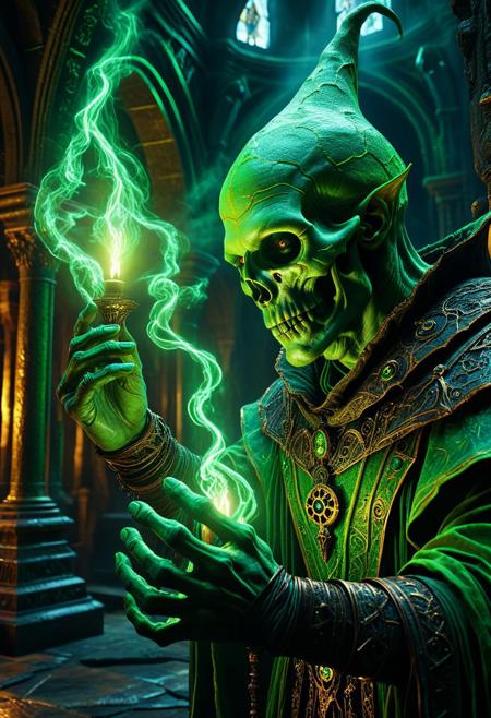 aidmamj6.1, close shot, necromancer, casting a spell, lime green magic, crypt, mist, light beams, fantasy building interior, detailed background, Detailed face, detailed eyes, perfect eyes, absurdres, high quality, masterpiece, very aesthetic, 8K resolution, ultra-detailed cinematic composition, contemporary concept art style, volumetric magical atmosphere with ethereal glow, rich complementary color palette, vivid gradients and chiaroscuro contrast, dynamic perspective with layered depth of field, inspiring awe-inspiring mood, Unreal Engine 5 render quality, intricate textures, flawless anatomy, rule of thirds composition, luminous highlights, surreal ambiance, award-winning illustration, harmonious balance of light and shadow, photorealistic details, ArtStation trending, chromatic accents, nostalgic futurism, dreamlike serenity, bold creativity, professional finish, sharp focus, ambient background, fascinating dynamic motion,, Baroque art style, dynamic composition, dramatic lighting, rich colors, intricate details, professional-grade execution, captures the grandeur and theatricality of the Baroque period
