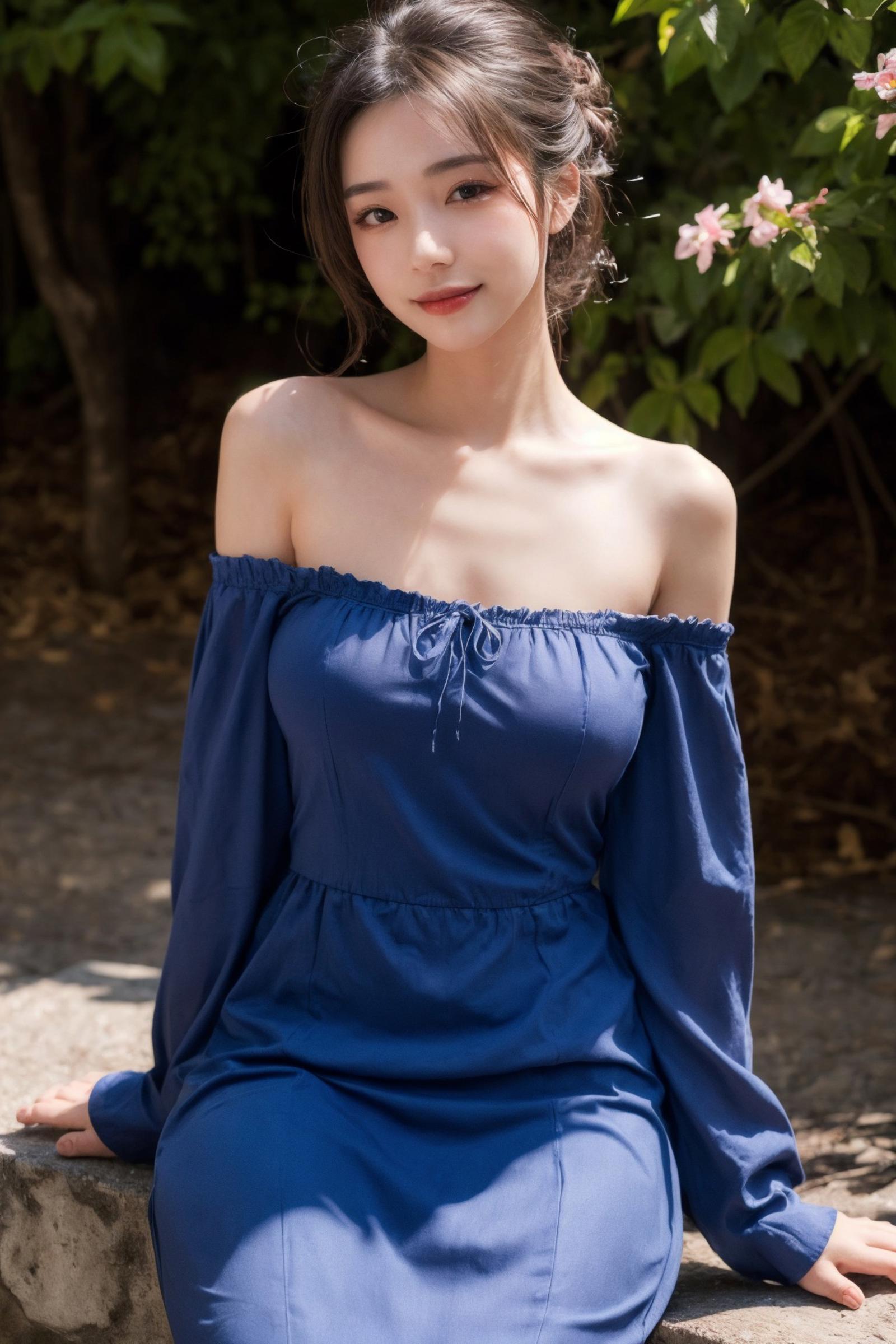 最近很火的网红蓝色蕾丝一字肩裙|Red-blue lace shoulder dress image by LeonardoUrey