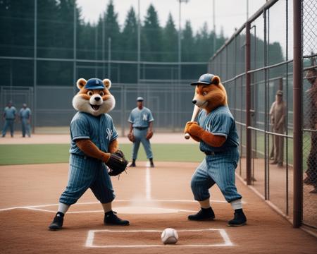 cinematic photo a few  Anthropomorphic hybrid animals prisoners play baseball on the prison grounds, award winning gritty realistic photojournalism, smoky, Cinematic movie scene still image portrait photography sharp focus intricate realistic details, <lora:add-detail-xl:2> . 35mm photograph, film, bokeh, professional, 4k, highly detailed