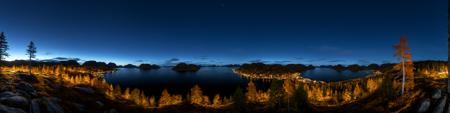 A 360 degree panorama shot of a quiet autumn Norwegian forest at nautical twilight, with a dark-blue sky glow from the fading light, ultra_detailed, 8k, serene and peaceful, autumn calm, faint wispy wavy ribbons and bands of aurora can be seen low on the horizon,
Stable_Yogis_PDXL_Positives