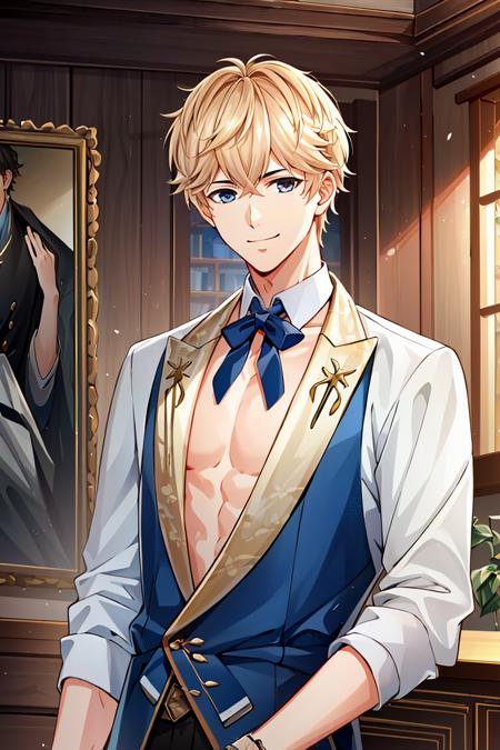 ((high_quality, distinct_image)), masterpiece, extremely_detailed_CG, illustration, 1boy, looking at viewer, handsome, beautiful_detailed_hair,  male, zhouqiluo, upper_body,  indoor, smile, toned, pectorals