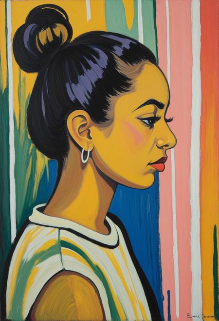 A portrait of a young woman, light-skinned, with a bun hairstyle. She's wearing a simple, light-colored top that blends into the abstract background. Her expression is thoughtful, with a profile view. She is positioned in the center-right area of the canvas.  The woman is seen from the shoulders up. The background is a busy, textured environment with a variety of colors, including muted blues, tans, and pinks, in an abstract style, showcasing various brushstrokes and a variety of colors.  Vertical white lines run vertically through the background, creating a sense of structure or frame. The painting style is expressive and abstract, with visible brushstrokes and bold color choices.  The lighting is diffused and slightly muted, lending a subdued atmosphere.  Floral elements and other organic forms are incorporated into the background. The overall style evokes a contemplative, almost introspective mood.  The perspective is directly in front of the subject, centered on the upper torso.  The composition is not symmetrical, with an emphasis on the subject's profile and the textured background.
The composition of the painting leans towards a realistic style, but with visible brushwork and tonal variations that create a sense of depth and texture. The overall atmosphere is observational and slightly dramatic. The focus is on the human form and the process of the painting. Ernst ludwig Kirchner style