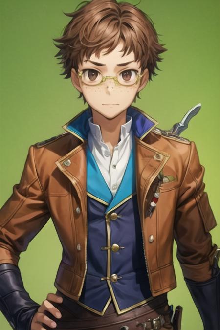 masterpiece, best quality, wallpaper, 1boy, solo, male focus, looking at viewer, upper body, , <lora:hisamitsu_noto:0.70>, hisamitsu_noto, brown hair, brown eyes, glasses, freckles, swashbuckler costume, ,