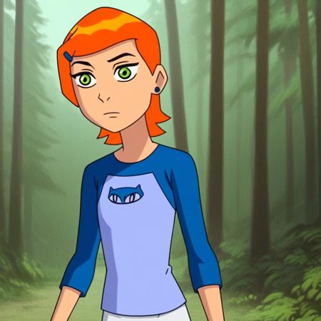 gwen_ten, orange hair, short hair, green eyes, earrings, hairclip, raglan sleeves