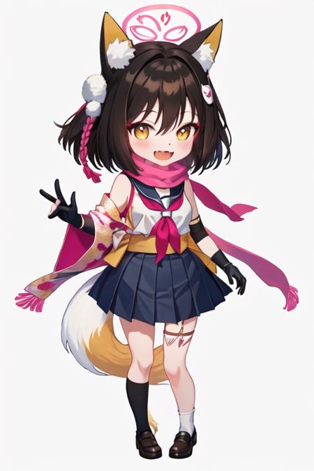 best quality, masterpiece, highres, solo, {izuna_bluearchive:1.15}, animal_ears, fox_ears, fox_girl, animal_ear_fluff, halo, brown_hair, bangs, short_hair, yellow_eyes, hair_ornament, smile, open_mouth, blush, fang, fox_tail, tail, hair_between_eyes, breasts, serafuku, 1girl, black_gloves, black_hair, chibi, gloves, mask, mask_on_head, pink_background, pleated_skirt, sailor_collar, shirt, skirt, sleeveless, sleeveless_shirt, two-tone_background, white_background, white_shirt, fox_mask, round_image, :d, blue_skirt, brown_eyes, full_body, looking_at_viewer, partially_fingerless_gloves, scarf, socks