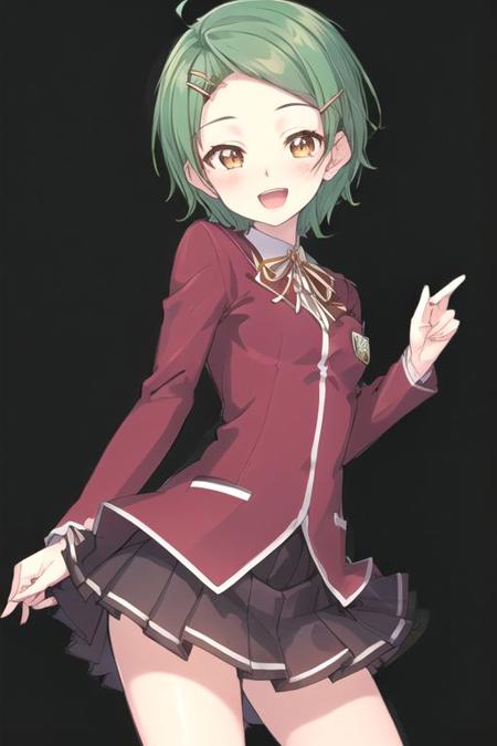 Erika,lime green hair,very short hair,orange eyes,((hairpin)),parted bangs, school uniform, red cardigan, black miniskirt,