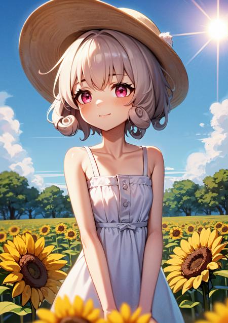 <lora:ClaraStarRailMBWLORAV1:1>starclara, best quality, highly detailed eyes, red eyes, 1girl, solo, (short hair, curly hair:1.4) white hair, sundress, sun hat, outdoors, sunny, soft lighting, small breasts, flat chest, petite, blue skies, sunflower field, slight smile, blush