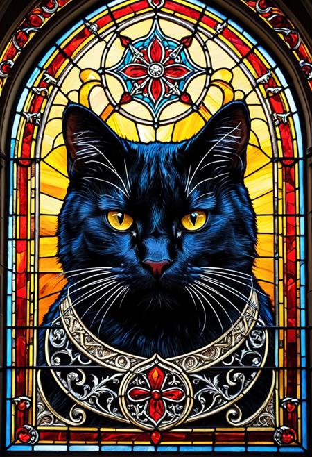 Stained glass style ,  as (((stained glass))),a black wild cat, insane look, gothic church, knight decorations, IAM GOING TO FUCKING MURDER YOU LOOK, angry and mad look at the viewer, close-up, (epic composition:1.4), (talent:1.2), ultra detailed, highly detailed, insanely detailed, , exquisite, sharp, elegant, ambient lighting,, high quality, <lora:add-detail-xl:3> , colorful . Vibrant, beautiful, translucent, intricate, detailed, . Vibrant, beautiful, translucent, intricate, detailed