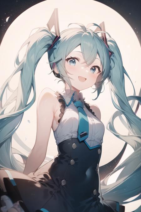 1girl,masterpiece,upper body, best_quality,hatsune miku,gradient hair,twintails,aqua eyes,open mouth, smile,arms behind back,  <lora:rella-v2-000005:1>