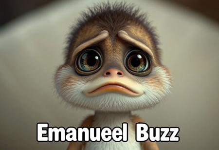 A cute Emanuel kant with big sad begging eyes, big text below that says "Emanuel Buzz"