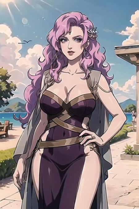 Aphrodite_bloodofzeus, dress,aiwaifu, breasts, cleavage, earrings, jewelry, large_breasts, lipstick, long_hair, makeup, purple_hair, purple_lips, wavy_hair,multicolored_hair,collarbone, curly_hair,eyemole,hair ornament, masterpiece,best quality,ultra detailed, 8k, 4k,highly detailed, scenery,pose,solo,
