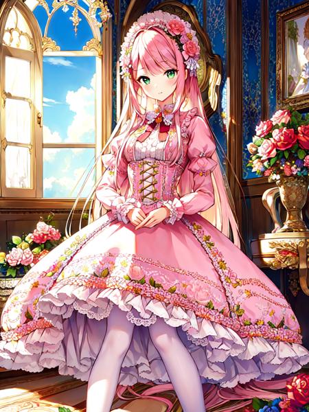 ((masterpiece)),((best quality)),(ultra-detailed),(illustration),((an extremely delicate and beautiful)),(dynamic angle), 
1girl, flowers, spring, beside window, rose, very long hair, detailed face, long eyelashes,  flower in eye,  frilled sleeves, corset, tiara, princess, 
green eyes, wide-eyed, clear sky, daylight, sunny, pink and white dress, flowers, hair ornament,  white lace-trimmed legwear, pink hair,  hair flower, patterned clothing, floral print, candy patterned dress,  (lo sweet:1.4),  <lora:lo_fashions_v5:0.64>