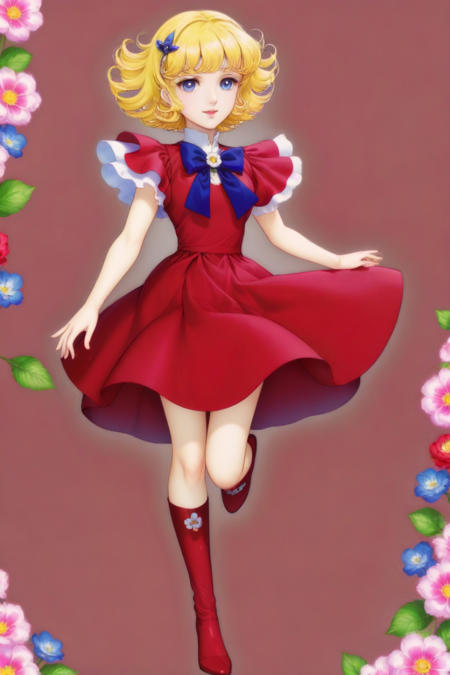 short curly hair blond hair red dress pink dress blue eyes hair ornament