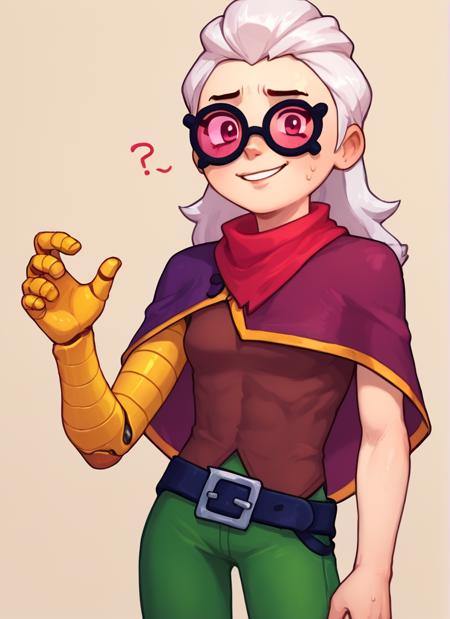 1 girl , bsbelle , white hair, tinted eyewear   ,purple  capelet,red scarf, single mechanical arm,  single arm , brown shirt , green pants ,belt , solo ,