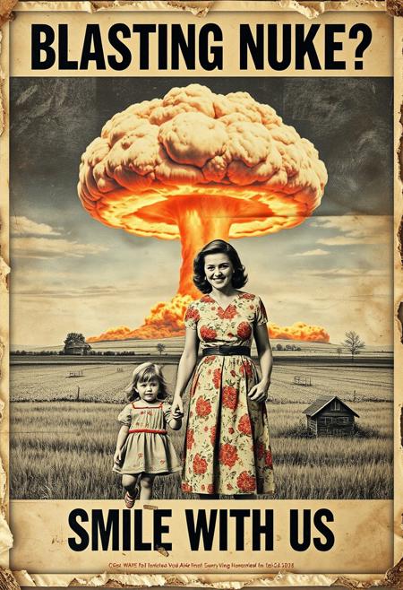 “A decayed, vintage-style poster from 1957, weathered and torn, depicting a surreal American country scene. The faded image shows a woman in a floral-patterned 1950s dress holding her young daughter’s hand, her wide, mad smile radiating an eerie charm. In the far background, a massive nuclear mushroom cloud dominates the sky, with fiery orange fireballs at its base and visible blast waves rippling through the landscape. The poster’s bold text, ‘BLASTING NUKE?’ across the upper section and ‘SMILE WITH US’ in the lower section, is faded, smeared, and inked with scribbles and stains. The paper appears rotten, with tears, creases, and discolored edges, evoking a haunting sense of abandonment and decay, adding to the unsettling atmosphere of the piece.”
