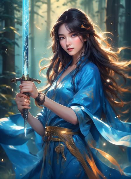 (masterpiece,best quality:1.5), , asian woman holding a sword, in the style of dark azure and light azure, mixes realistic and fantastical elements, vibrant manga, uhd image, glassy translucence, vibrant illustrations, ultra realistic, long hair, straight hair, portrait, mysterious forest, firefly, bokeh, mysterious, night, sky, cloud