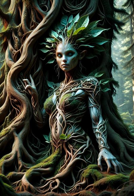 create an image with this prompt.   Create a hyper-realistic scene of a stunningly beautiful female dryad living in a redwood tree,  in 8K resolution with intricate, lifelike textures and fine details. The composition is rendered with photorealistic quality, using advanced lighting, shadows, and reflections to emphasize realism. Every element, from the subject to the background, is crafted with meticulous attention to detail, capturing natural depth, accurate proportions, and true-to-life materials. The atmosphere is immersive and visually arresting, highlighting realistic textures, subtle nuances, and dynamic elements like natural light or motion. The overall effect should feel stunningly lifelike, evoking realism in every aspect.Unreal Engine, photorealistic, hyperrealistic, and visually arresting. Rendered in 8K, hyperrealistic, with fine intricate details.