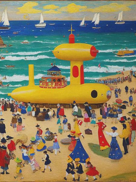 <lyco:MauricePrendergast:1.0> Compose an image that captures 'Yellow Submarine' in the vibrant and rhythmic style of Maurice Prendergast. Depict a bright yellow submarine playfully situated in a bustling seaside scene reminiscent of Prendergast's beachscapes. Surround it with colorful figures in varied postures, perhaps beachgoers, swimmers, or sailors. The colors should be vivid, the patterns rhythmic, and the scene filled with a sense of joyous activity, characteristic of Prendergast's work.