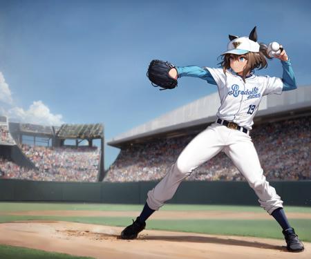 masterpiece, best quality,
cheval grand \(umamusume\),
very wide shot, 
closed mouth, full body, throwing, baseball mitt, stadium, 
alternate costume, white headwear, short over long sleeves, white shirt, sportswear, baseball uniform, belt, white pants,  socks, shoes, black footwear,
<lora:cheval_grand_loha:0.7>