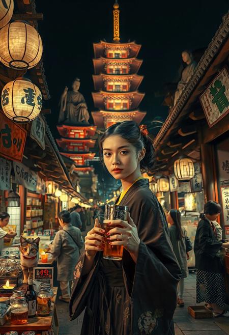 Setting is ancient Japanese street market at night in Kyoto, ((all writing is in Japanese )), ((all lighting is by candles, and Japanese style paper lanterns,  the market is comprised of street vendors selling food, weapons, and clothing. People wearing Japanese  clothing are walking through the street market shopping and eating, A calico cat with red collar sits on a nearby wooden roof at a market kiosk. Behind the a kiosk counter are containers of Japanese  sake, (((a beautiful woman, 24 years old, is standing in the foreground facing the viewer with a metal goblet of beer in her hand. Her eyes are beautiful and focused on the viewer, she has an expression of interested curiosity))), the woman is dressed in Japanese traditional style clothing combining a sexy and classic Japanese aesthetic. Enormous Japanese statues and temples are visible in the background and around the scene and smaller statues and Ancient Japanese architecture is prevalent in the market, The woman's hair is elegantly tied up with a ribbon. Artistic classic Japanese aesthetic, dynamic perspective, (((overall architectural aesthetic is Ancient Japanese ))).  Epic image that elicits a feeling of wonder and awe,