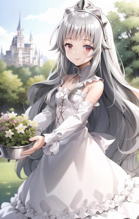 IMJeanne, 1girl, silver hair, red eyes, long hair, bangs, white dress, princess, tiara, light smile, upper body, garden, colorful garden, castle <lora:IMJeanneV1:0.7>