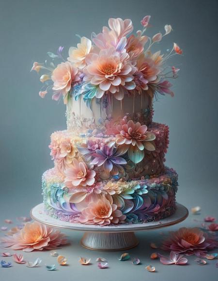 wedding cake, p1nk1r1fl0wers, made out of iridescent flower petals, high quality, masterpiece <lora:PinkieIriFlwrsSDXL:1>