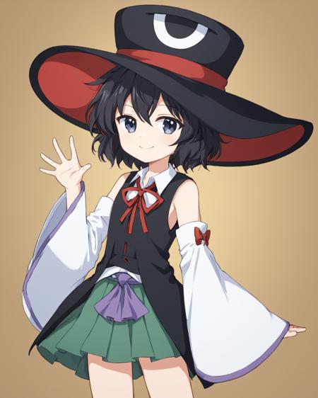 enraku tsubakura,androgynous, red_ribbon, solo, 1other, top_hat, smile, detached_sleeves, large_hat, white_sleeves, shorts, white_shirt, black_headwear, neck_ribbon, collared_shirt, red_bow, vest, long_sleeves, skirt, closed_mouth
<lora:enraku_tsubakura_image217_fp16_2024-01-03:1>,star-shaped_pupils,symbol-shaped_pupils,. gorgeous,key visual, vibrant, studio anime,award-winning, professional, highly detailed,high budget, cinemascope