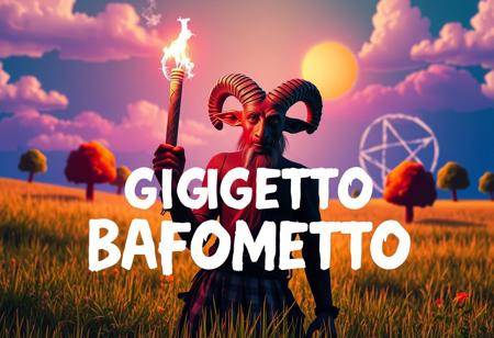 “A comedic reimagining of an occult magazine cover, captured as a real photograph using Panavision cinema prime lenses and broadcast-quality lighting. The centerpiece is Giorgetto Bafometto, a comical rendition of Baphomet, posed awkwardly with a sparking torch that resembles a malfunctioning birthday candle. The background, illuminated with a vibrant yet exaggerated color palette, features a sunny meadow with cartoonish, unevenly placed trees and a childlike pentagram sketched in chalk. The title ‘GIORGETTO BAFOMETTO’ is boldly displayed in the middle, with playful, irregular lettering. The broadcast lighting enhances the scene’s vibrant hues and playful textures, giving it a polished yet whimsical aesthetic reminiscent of a parody film poster.”