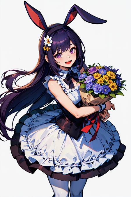 (no one: 1.5), ( ragdoll anthropomorphic: 1.5), single, rabbit tail, rabbit ears, purple eyes, open mouth, simple background,white background,  smiling, standing, looking at viewer, holding a bouquet of flowers,bow hairband, 
 <lora:BellaV1:0.7>