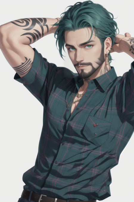 <lora:AeronXvoor0.5> Aeron X'voor, solo, looking at viewer, shirt, 1boy, jewelry, green eyes, blue hair, upper body, male focus, earrings, arms up, plaid, tattoo, facial hair, arms behind head, beard, realistic, plaid shirt