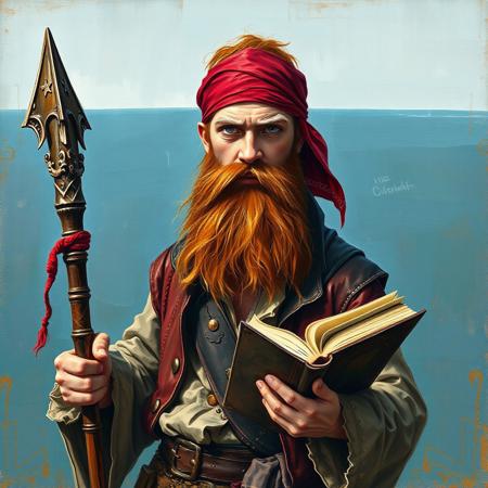 Oil painting rendered in a loose, impressionistic style with thick, expressive brush strokes. Full body portrait of a young pirate wizard. His outfit is a mish mash of wizard-like scholastic and pirate clothes. He wears a red bandana and has a long ginger beard. He has big white eyebrows. He holds a book and a wizard's staff. The background shows sea and a horizon.