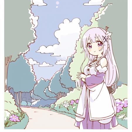 1girl, bangs, bare_shoulders, blue_sky, blunt_bangs,braid, breasts, bush, closed_mouth, cloud, cloudy_sky, crown_braid, day,detached_sleeves, emilia_\(re:zero\), eyebrows_visible_through_hair, flower, forest, garden, gem, grass, hair_flower, hair_ornament, hair_ribbon, house, long_hair, looking_at_viewer, nature, outdoors, park, path, pointy_ears, purple_eyes, purple_ribbon, ribbon, road, silver_hair, sky, smile, solo, tears, tree, white_flower, x_hair_ornament <lora:namori2-000004:1>