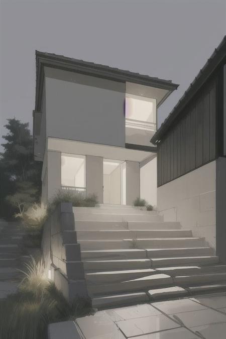 1 modern house architect sketch, grasses, light, simple background, <lora:architect_v2:.7> steps, stair, rocky hill