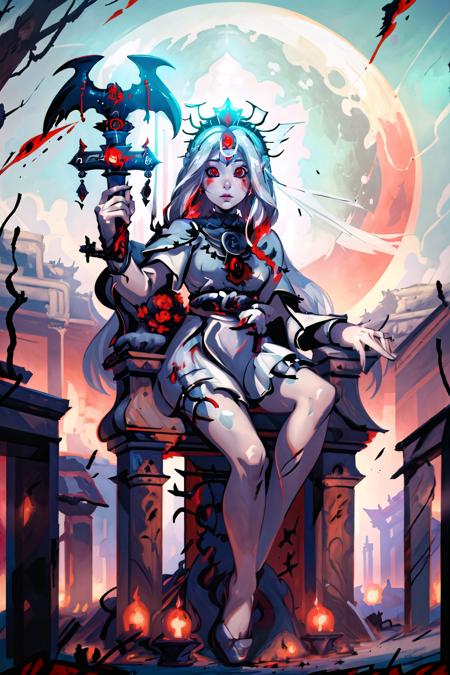 (masterpiece, best_quality, ultra-detailed, immaculate:1.3), epic, illustration, 1girl, feet out of frame, villainess, (makeup:1.3), albino, (Elaborate sacrificial altar:1.3),At a sacrificial altar under a blood moon, in front of a verdant school, bombshell hair, white hair, Crown Twist, cowering<lyco:EnvyPaintingMix01:1>