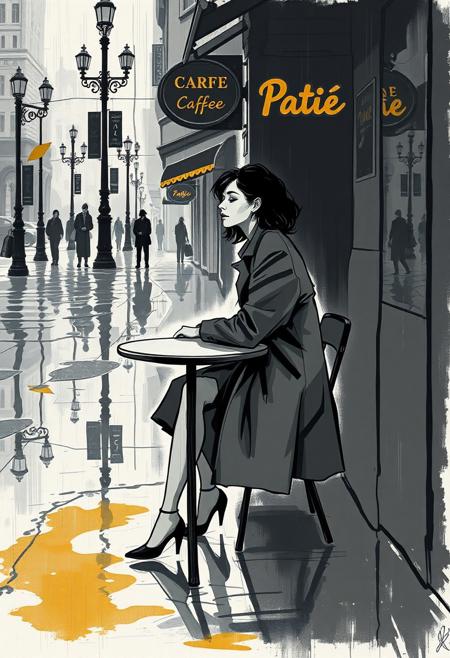 A woman sits at a small café table on a rain-soaked street corner, her form partially dissolved into expressive brushwork and rhythmic contours.  her coat hangs in heavy angular folds. Reflections in the puddles around her distort the architecture—lamp posts bend, café signs twist, and distant figures become elongated shadows. The image is nearly monochromatic with selective highlights in faded mustard and teal, adding to the mood of poetic isolation. Her face is rendered in simplified but striking lines, eyes closed as though lost in thought or memory. This moment captures solitude as visual energy, with every surface humming with introspection.