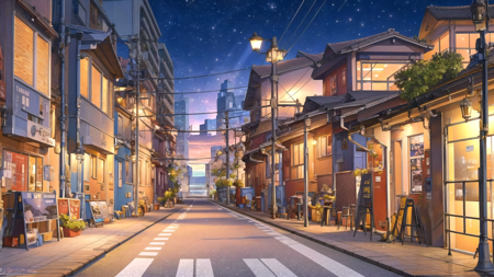 <lora:LoFi_Aesthetic-10:1> LoFi Aesthetic, (masterpiece, best quality, ultra-detailed, highres), scenery, no humans, night, outdoors, sign, building, door, window, lamppost, bush, trash can, light, road, bench, sky, fence, cityscape, tree, watermark, plant, night sky, artist name, street