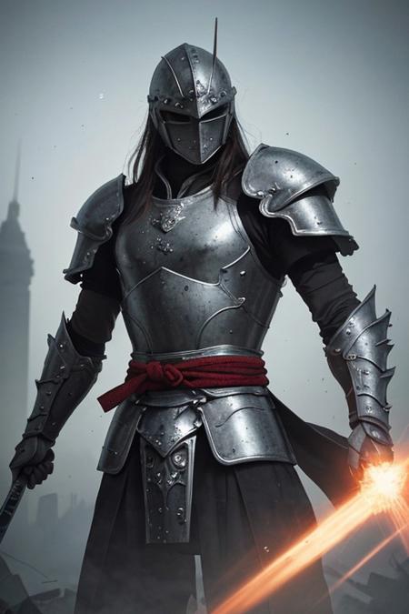 Multicolor with color, Action Scene, floating particles, billowing Hair, billowing Cape, Crystal clear atmosphere with sharp edges and high fidelity rendering, showcasing a cursed hkwarrior in gleaming, shattered white armor. The hkstyle armor has a glossy, pristine finish despite cracks revealing a faint inner glow. The focus is on a close-up of the ninja’s intricately designed helm, rendered with a modern art studio’s photographic precision. The helm’s shattered visor emits a piercing black-red light, creating clean streaks as the warrior’s swift motion is captured. The samurai’s long, radiant hair flows perfectly, each strand sharply defined against a backdrop of a dystopian, black-washed metropolis with futuristic, glossy architecture in ruins. The background is crisp and clear, with sharp details even in the mist. No grain or blur; everything is rendered with modern studio lighting, revealing the glossy, polished surfaces and intricate design of the armor. The overall mood combines haunting beauty with powerful precision, captured in a modern, highly detailed, and strikingly realistic photograph.