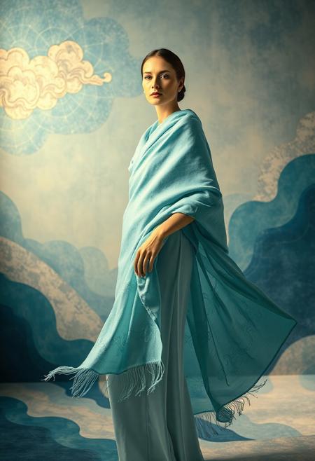 Full-body contemporary abstract photograph of a elegant woman wearing a flowing turquoise cashmere shawl with delicate turquoise flame patterns, standing in a semi-surreal environment blending organic shapes and architectural elements. The background features dreamlike washes of ultramarine and silver, with subtle floating geometric motifs inspired by Ukiyo-e clouds. Lighting combines soft studio strobes with atmospheric glow, creating dimensional shadows that interact with the shawl's folds. Composition balances realistic human proportions with slightly exaggerated fabric movement, evoking a living oil painting. Texture details: fine wool fibers visible, slight film grain. Style fusion: Richard Avedon's fashion realism + Egon Schiele's expressive lines + niji's color vibrancy (but photorealistic).