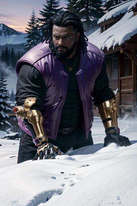 ((ultra detailed, masterpiece, best quality))
 <lora:CyberDexter:0.8>
CyberDexter, 1boy, solo, very dark skin, single mechanical arm, fat, snowy mountain peak, sunrise, soft pink and purple hues against white snow