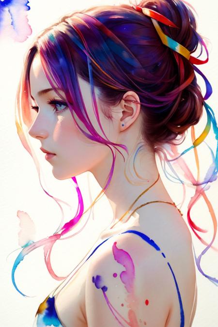 (8k, best quality, masterpiece:1.2),(best quality:1.0), (ultra highres:1.0), watercolor, a beautiful woman, shoulder, hair ribbons, by agnes cecile, half body portrait, extremely luminous bright design, pastel colors, (ink:1.3), autumn lights