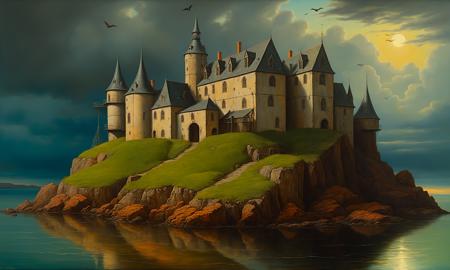 subsurface scattering, oil painting, (by hieronymus bosch:0.4), (realistic:0.5)
fantasy, gothic prison asylum for criminal mages on a small rocky island, stormy, evening