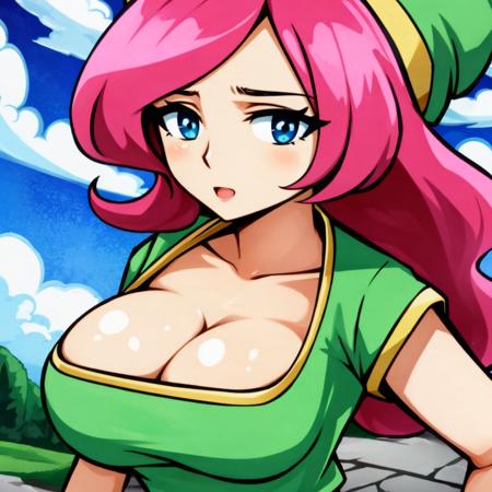 sky, forest, rainbow, cosmic clouds, portrait, (1girl, solo), upper body, eyeshadow, eyeliner, (prettyeyes), <lora:link(shounen-captain)-10:0.91>, link \(shounen captain\), pink hair, green hat, blue eyes, large breasts, cleavage, green tunic, <lora:Libra Heart:1>