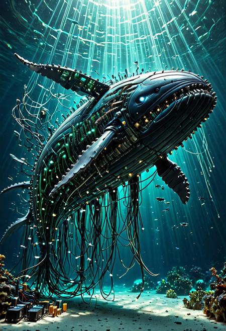 Transistors, breathtaking underwater scene, a colossal whale, its entire body seamlessly crafted from sleek black transistors and intricate circuit boards, bioluminescent blue and green data lines flowing across its skin like veins, school of tiny robotic fish made of microchips swimming nearby, deep ocean environment with filtered sunlight beams, photorealistic, high-detail, dramatic lighting, aidmaImageUpgrader